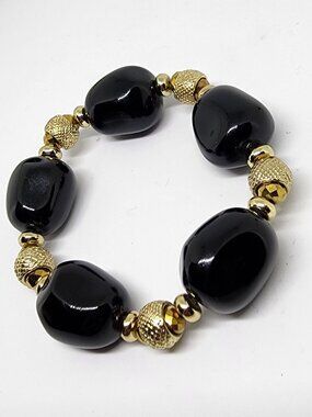 Elegant Dressy Large Chunky Black Bead Shiny Gold Bead Accent Stretch Bracelet